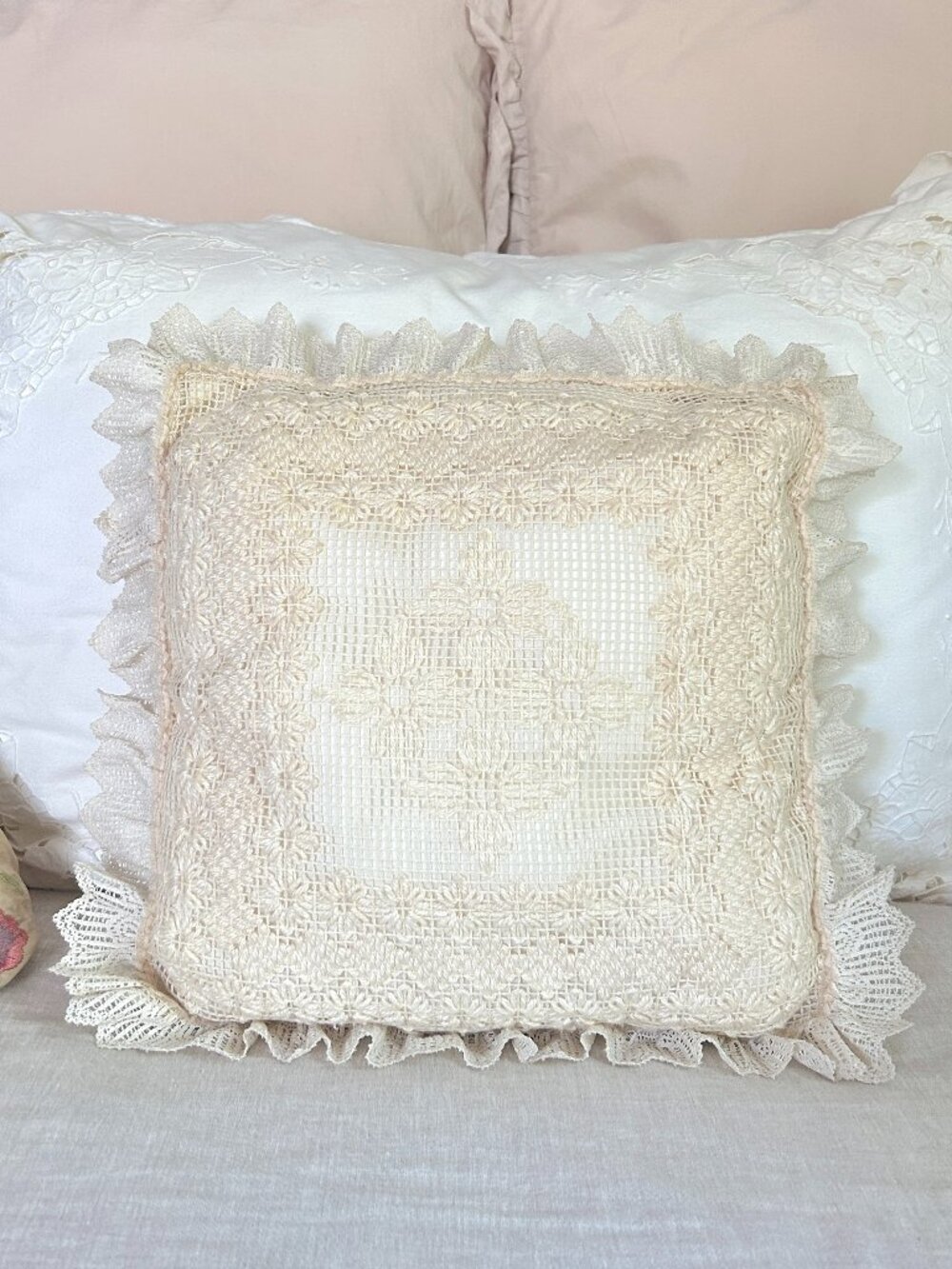 Vintage Cream Crochet Lace Pillow, Ruffles, Shabby Chic Romantic Throw Pillow
